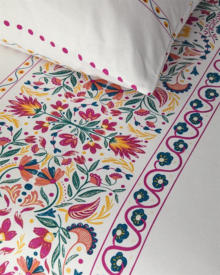 Set husa de pilota cu 2 fete de perna, pat dublu, Folk Blossom, bumbac, 200x220 cm/50x70 cm, fuchsia