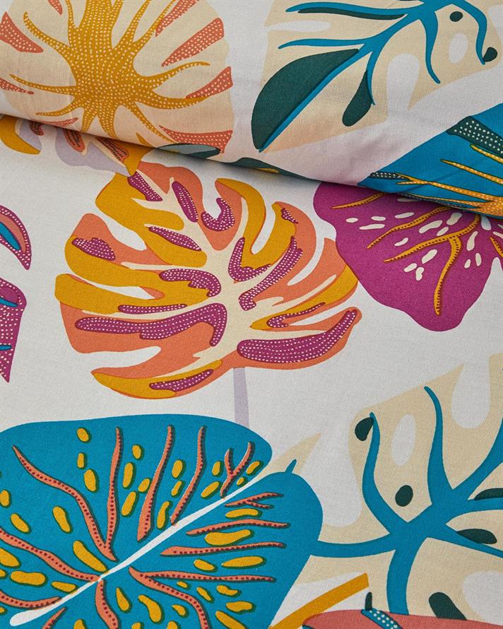 Set husa de pilota cu 2 fete de perna, pat dublu, Leaf Jungle, bumbac, 200x220 cm/50x70 cm, fuchsia