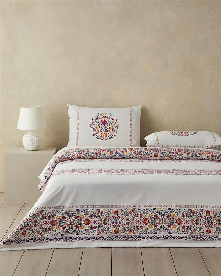 Set husa de pilota cu 2 fete de perna, King Size, Folk Blossom, bumbac, 240x220 cm/50x70 cm, fuchsia