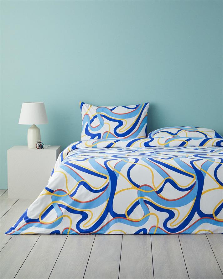 Set husa de pilota cu fete de perna pentru doua persoane, Abstract Marine, bumbac, 200x220 cm/50x70 cm, albastru-portoca