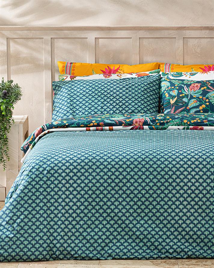 Set husa de pilota cu o fata de perna pentru o persoana, Exotic Garden, bumbac, 160x220 cm/50x70 cm, albastru