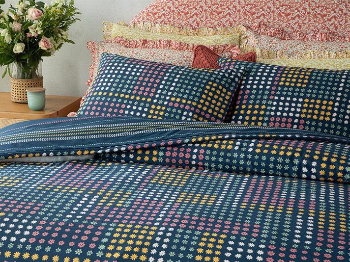 Set husa de pilota cu o fata de perna pentru o persoana, Daisy Patch, bumbac, 160x220 cm/50x70 cm, albastru