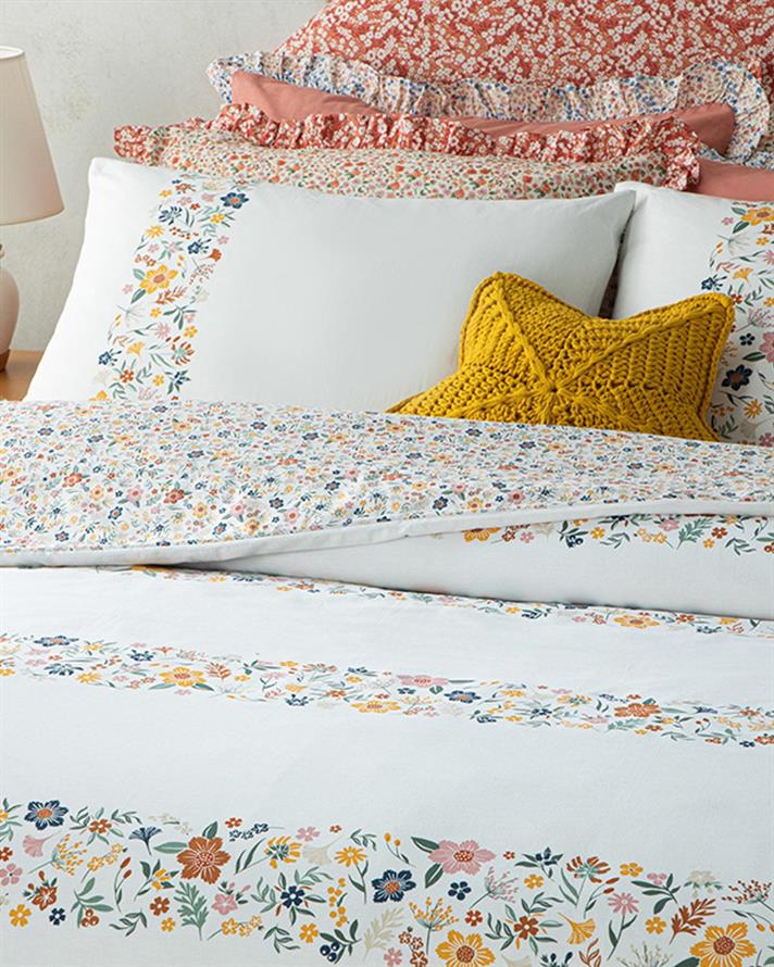 Set husa de pilota cu o fata de perna pentru o persoana, Bloomy Lines, bumbac, 160x220 cm/50x70 cm, galben