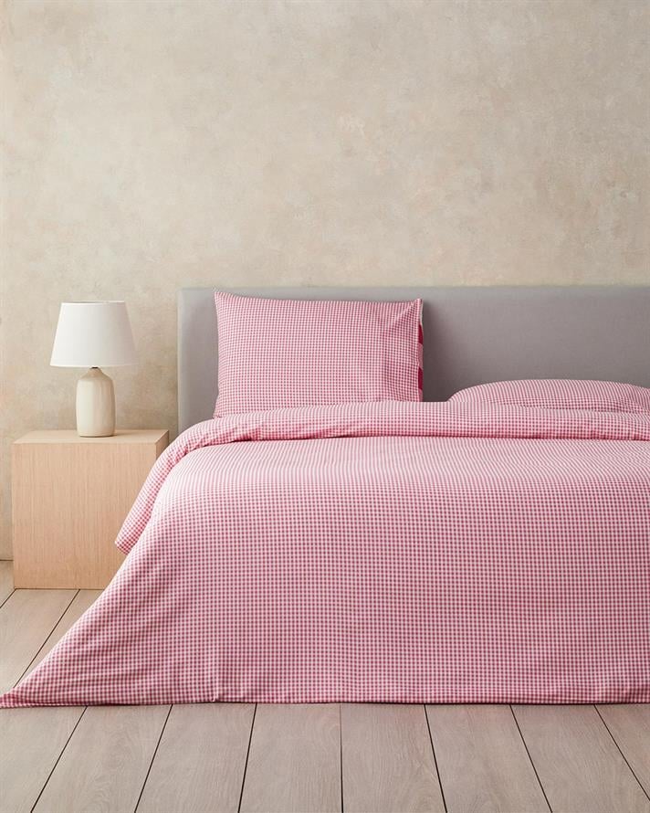 Set husa de pilota si fata de perna pentru o persoana, Gingham, bumbac-poliester, 160x220 cm/50x70 cm, roz