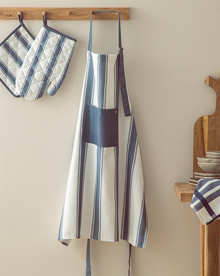 Set șorț bucătărie, mănusă și suport textil termorezistente, Blue Lines, poliester, 65x75 cm, bleumarin