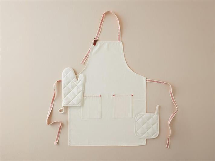 Set șort de bucătărie, mănusă și suport textil termorezistente, Easy Cook, bumbac, 56x76 cm, crem