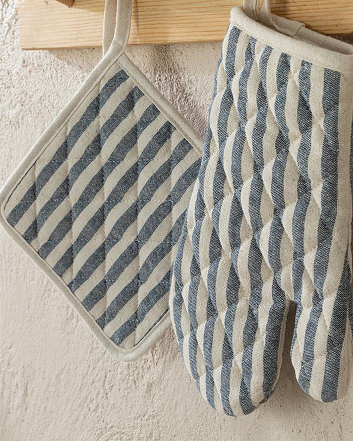 Set șort de bucătărie, mănusă și suport textil termorezistente, Enjoy, bumbac, 60x75 cm, bleumarin