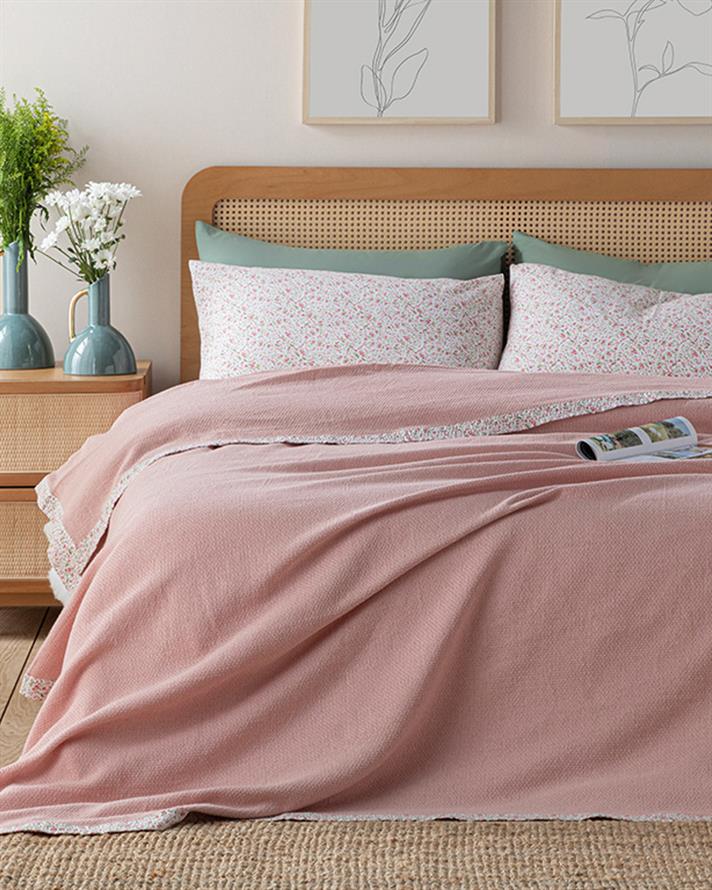 Floral Joy Desenli Biyeli For One Person Summer Blanket Set 150x220 cm Pink
