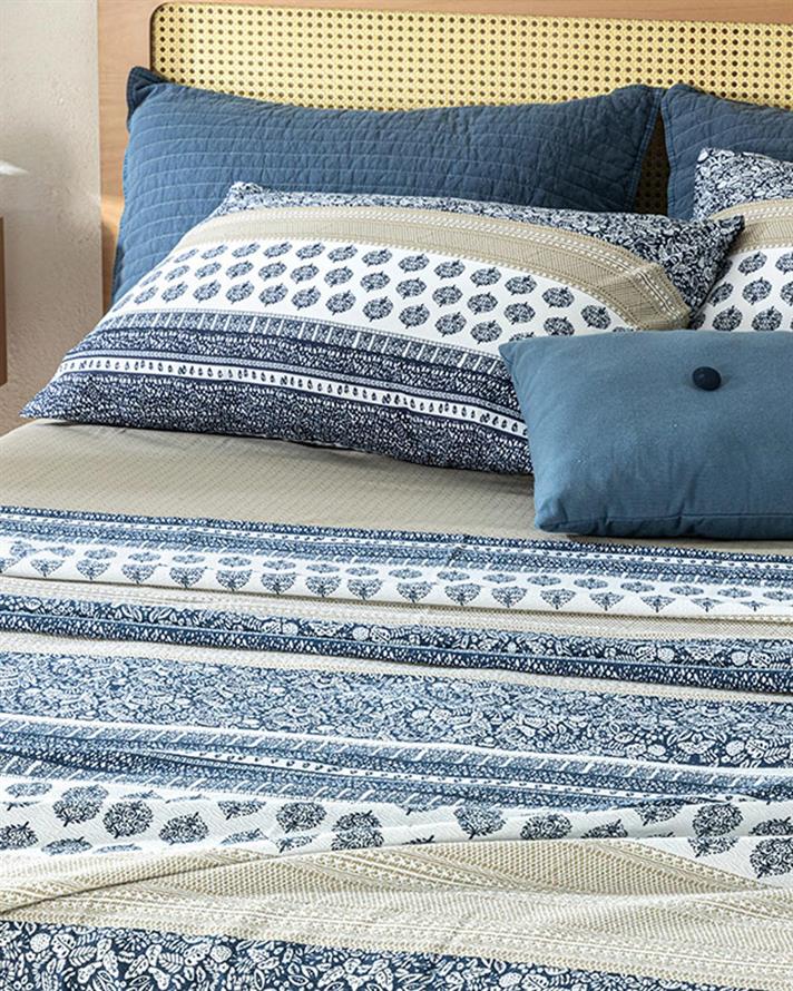 Ancient Lines Printed For One Person Summer Blanket Set 150x220 cm Indigo - Antique Beige