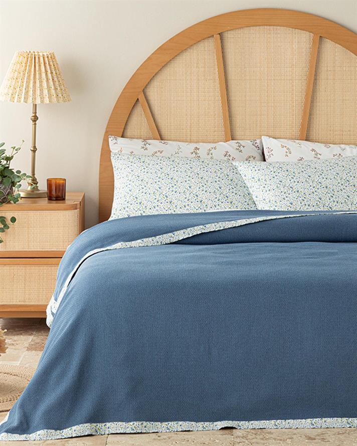 Floral Joy Desenli Biyeli For One Person Summer Blanket Set 150x220 cm Blue