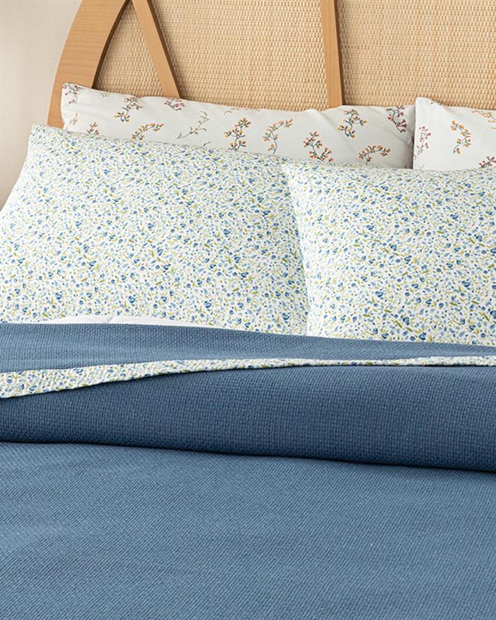 Floral Joy Desenli Biyeli For One Person Summer Blanket Set 150x220 cm Blue