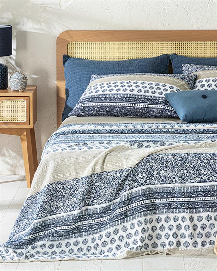 Ancient Lines Printed For One Person Summer Blanket Set 150x220 cm Indigo - Antique Beige