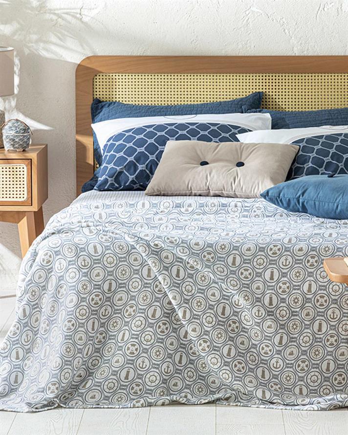 Nautical Printed For One Person Summer Blanket Set 150x220 cm Dark Blue