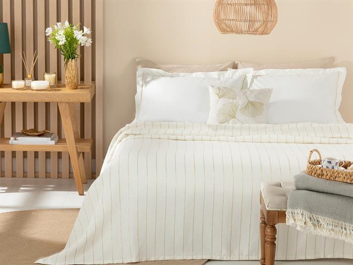Gold Stripe Glittered Cotton Viscose Double Summer Blanket Set 200x220 cm White-Gold.