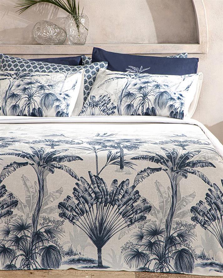 Set pătură subțire cu fețe de pernă, pentru două persoane, Palm Toile, bumbac, 200x220 cm, Indigo