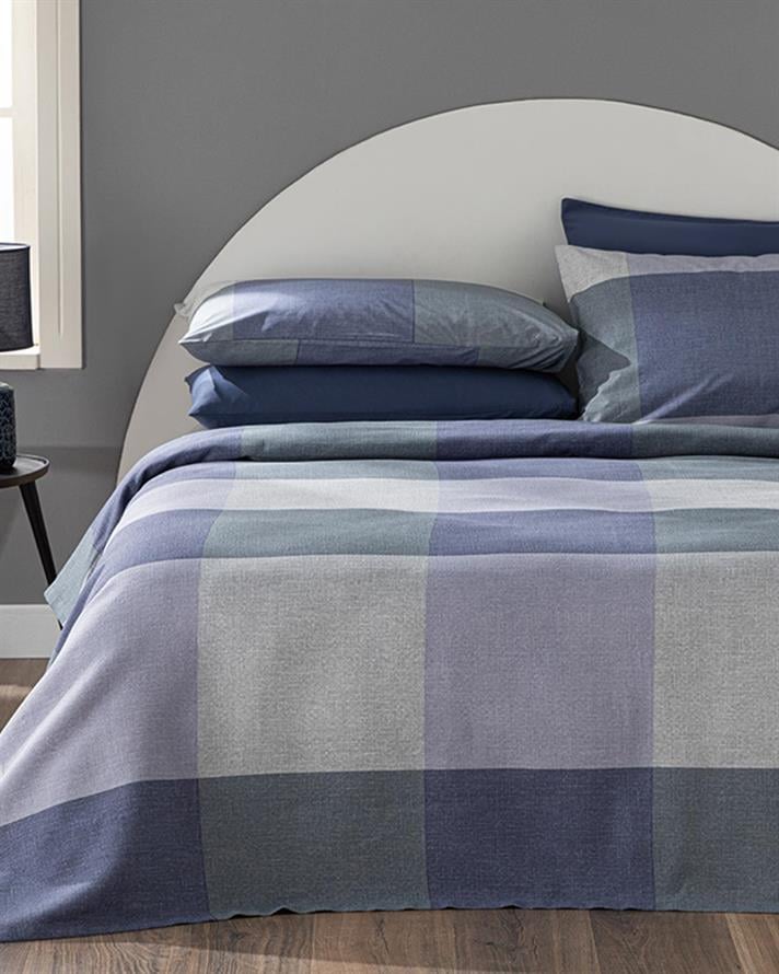Set pătură subțire cu fețe de pernă, pentru două persoane, Textured Plaid, bumbac, 200x220 cm, bleu