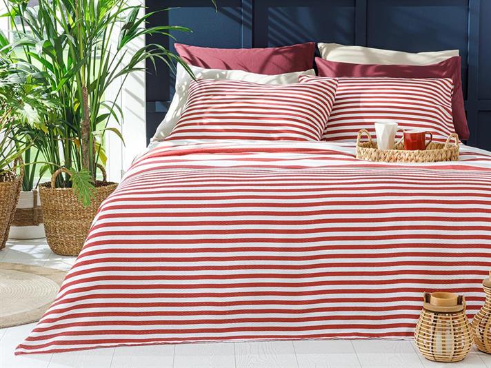 Set pătură subțire cu fețe de pernă, pentru două persoane, HIP STRIPE, bumbac-viscoză-poliester, 200x220 cm, bordo