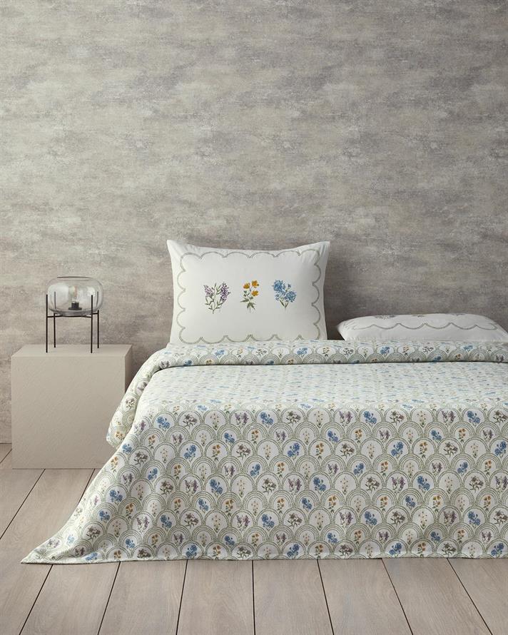 Set pătură subțire cu fețe de pernă, pentru două persoane, Floral Wreaths, bumbac, 200x220 cm, verde