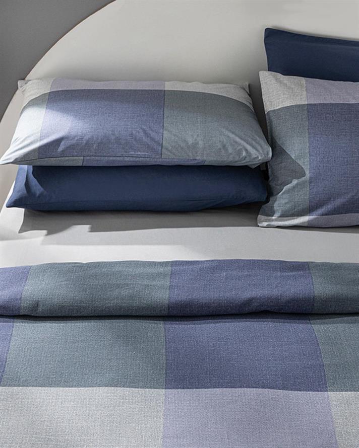 Set pătură subțire cu fețe de pernă, pentru două persoane, Textured Plaid, bumbac, 200x220 cm, bleu