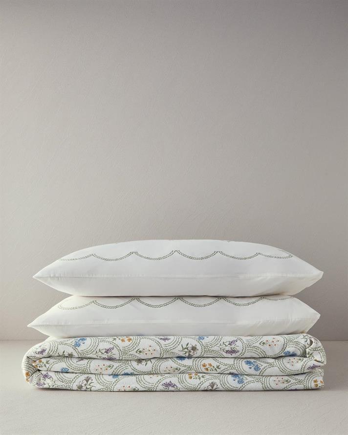 Set pătură subțire cu fețe de pernă, pentru două persoane, Floral Wreaths, bumbac, 200x220 cm, verde