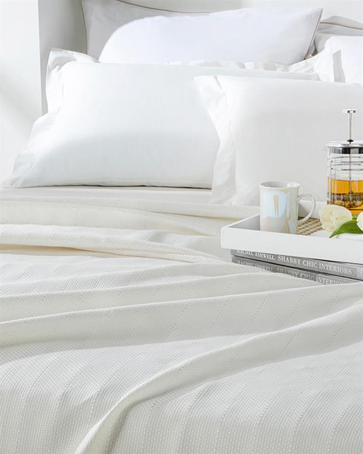 Set pătură subțire cu fețe de pernă, pentru două persoane, Lucent, bumbac-viscoză-poliester, 200x220 cm, alb perlat