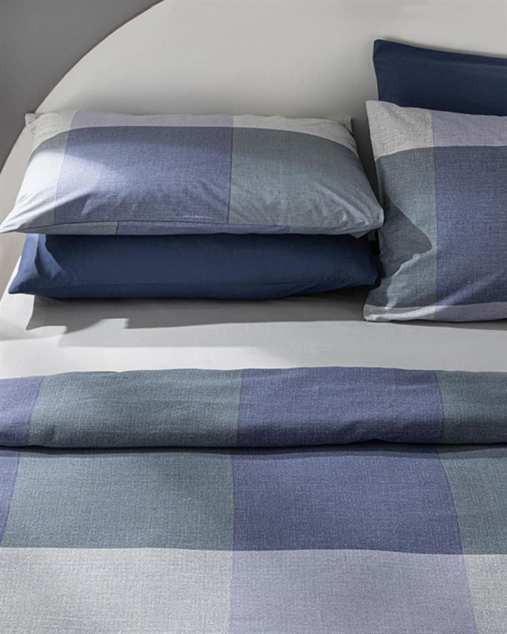 Set pătură subțire cu fețe de pernă, pentru două persoane, Textured Plaid, bumbac, 240x220 cm, bleu