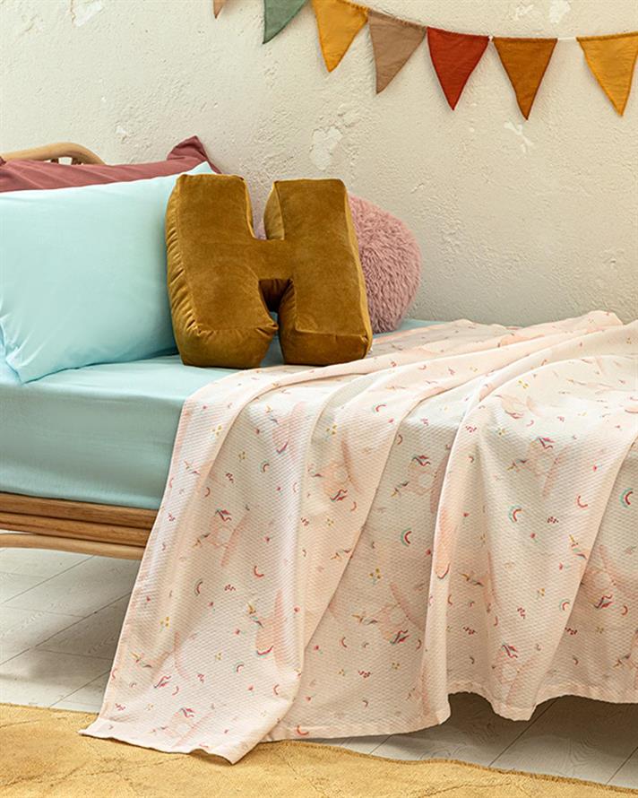 Set pătură subtire, cearșaf cu elastic și față de pernă pentru pătuț copii, Little Unicorn, 150x200 cm, bumbac-poliester