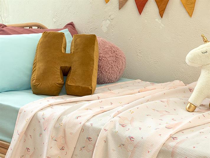 Set pătură subtire, cearșaf cu elastic și față de pernă pentru pătuț copii, Little Unicorn, 150x200 cm, bumbac-poliester