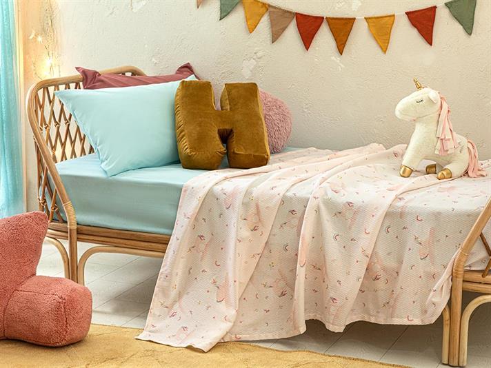 Set pătură subtire, cearșaf cu elastic și față de pernă pentru pătuț copii, Little Unicorn, 150x200 cm, bumbac-poliester