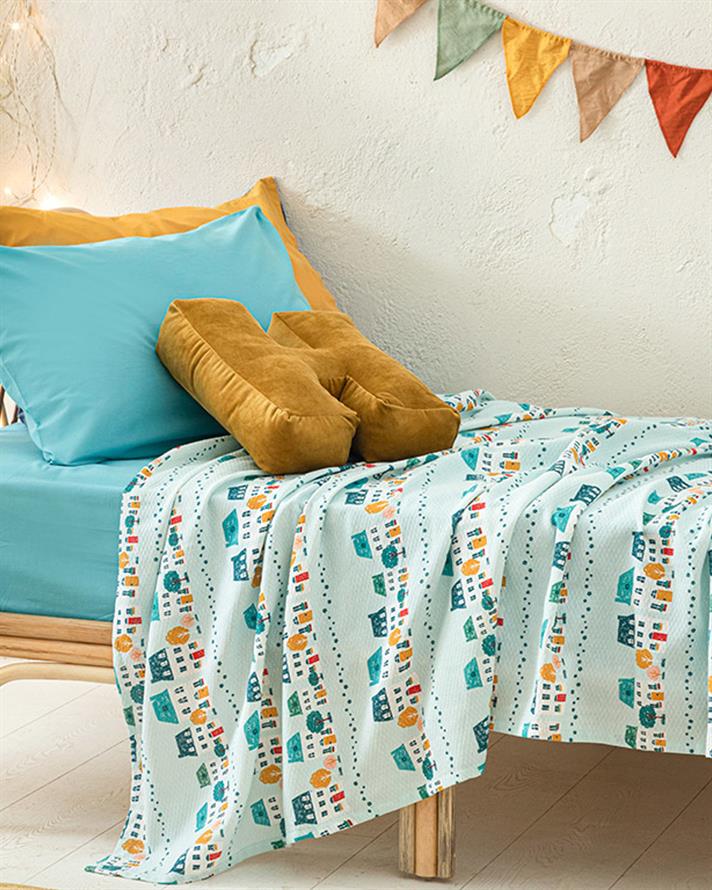 Set pătură subtire, cearșaf cu elastic și față de pernă pentru pătuț copii, Green City, 150x200 cm, bumbac-poliester, ve