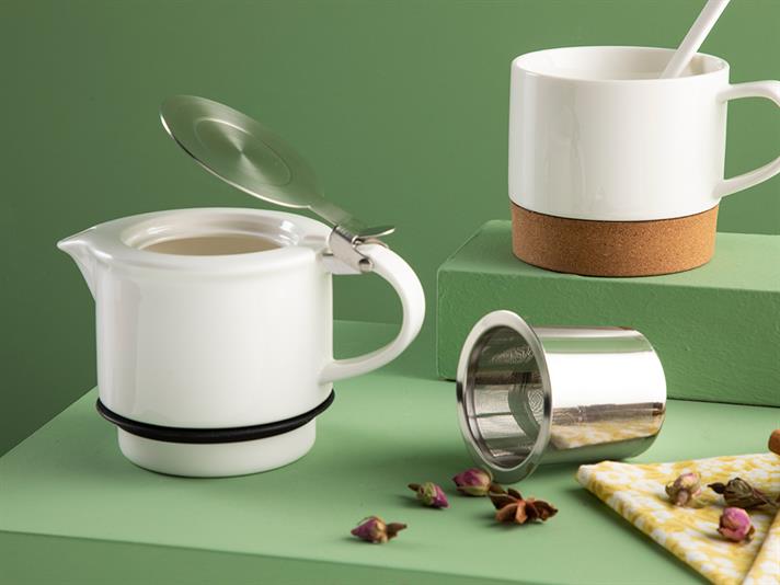Set ceainic cu infuzor si cană, Simple Elegant, porțelan, 400 ml + 320 ml, alb