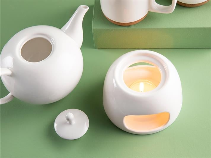 Set ceainic cu suport încălzitor și 2 căni cu lingurițe, Simple Elegant, porțelan, 600 ml + 280 ml, alb
