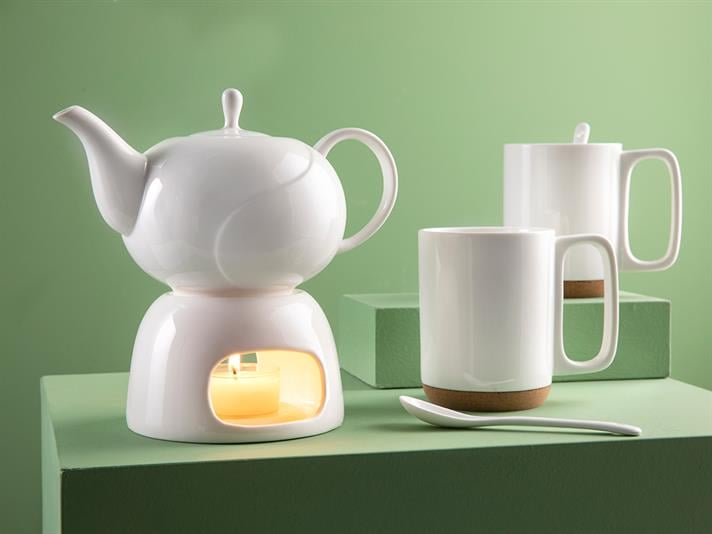Set ceainic cu suport încălzitor și 2 căni cu lingurițe, Simple Elegant, porțelan, 600 ml + 280 ml, alb