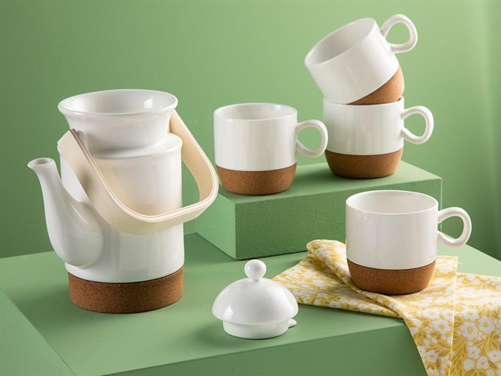 Set ceainic cu 4 cești , Simple Elegant, porțelan, 650 ml + 140 ml, alb