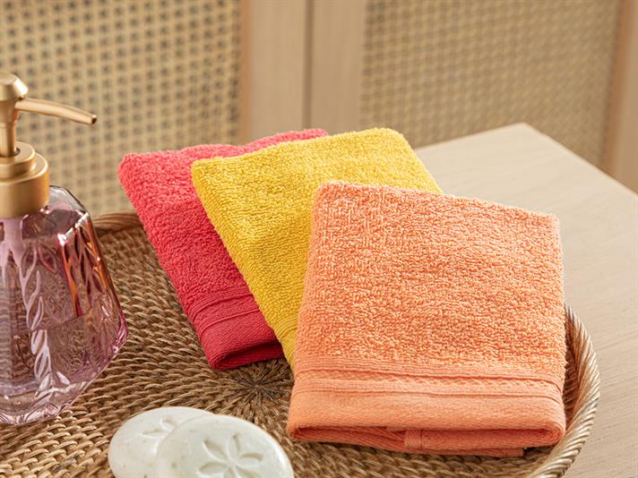 Set 3 prosoape pentru mâini, Simple, bumbac, 30x30 cm, galben-portocaliu-roz
