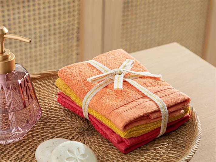 Set 3 prosoape pentru mâini, Simple, bumbac, 30x30 cm, galben-portocaliu-roz