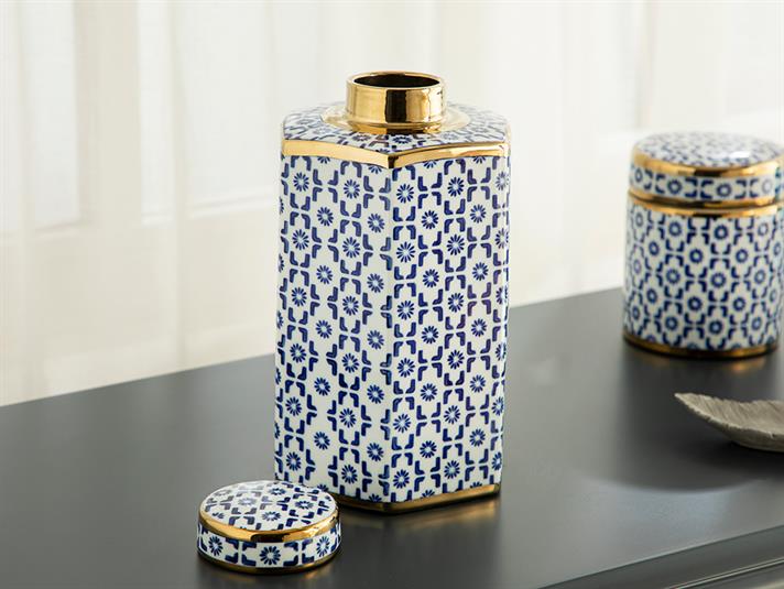 Vas decorativ cu capac, Steve, porțelan, 16x14x19 cm, bleu-alb-auriu