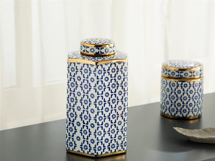 Vas decorativ cu capac, Steve, porțelan, 16x14x19 cm, bleu-alb-auriu