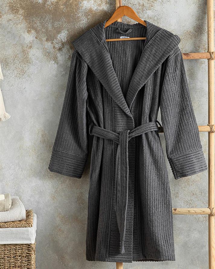 Stripe Halat De Baie Twilled, Bumbac, S-M, Gri Închis