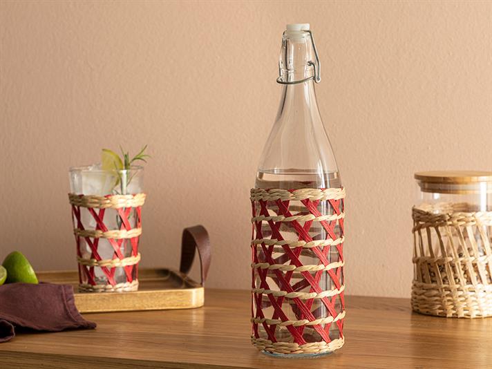 Sticlă apă, Stripe Wicker, sticlă, 980 ml, roșu