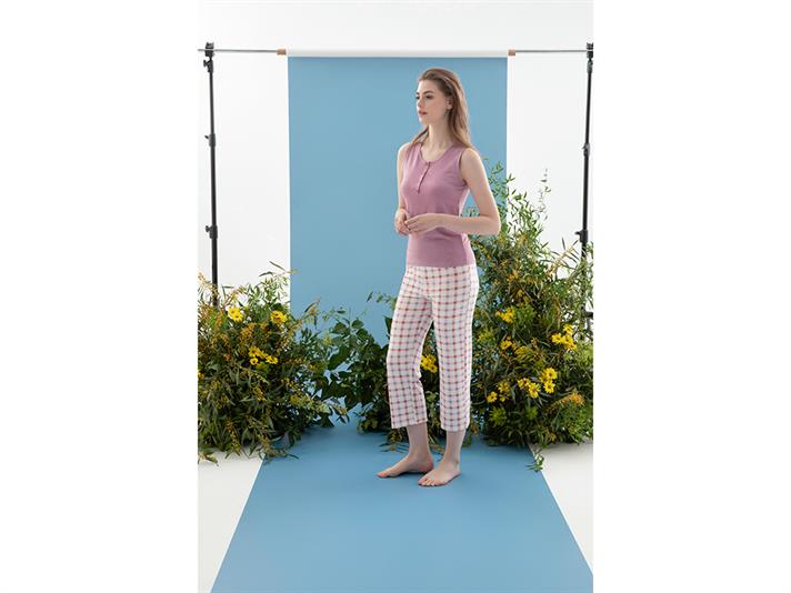 Summer Check Set De Pijamale Damă, Viscoză, Xl, Bej-İndigo