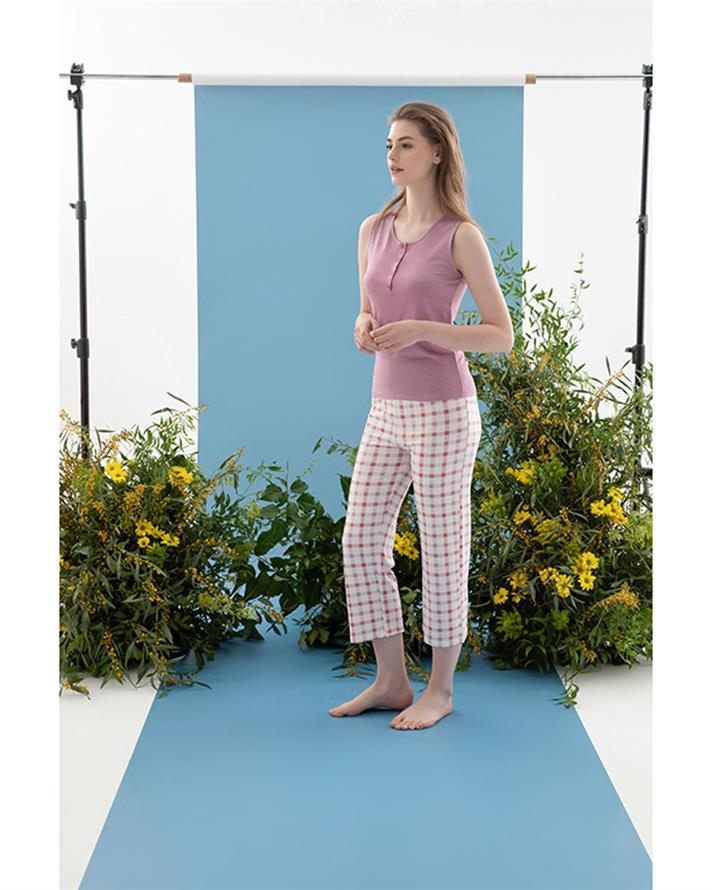 Summer Check Set De Pijamale Damă, Viscoză, S, Bej-İndigo