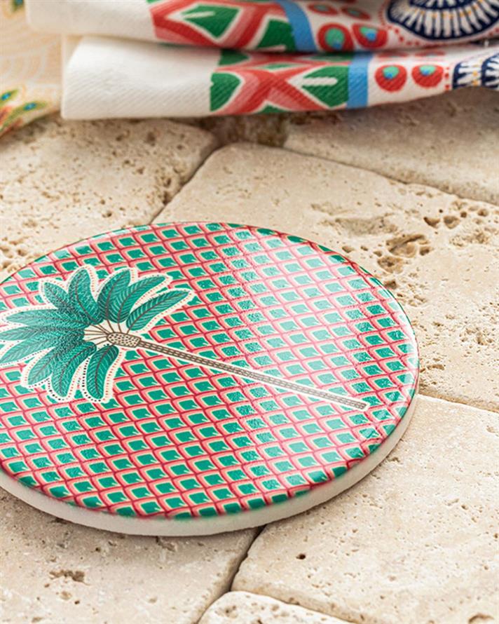 Suport de pahar, Exotic Palm, ceramică, 10.8 cm, Roz - Verde
