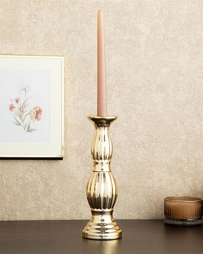 Suport lumânare, Chera, ceramică, 8,5x8,5x26,2 cm, auriu