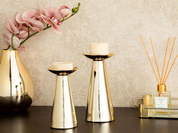 Suport lumânare, Lucent, ceramică, 9x9x17 cm, auriu