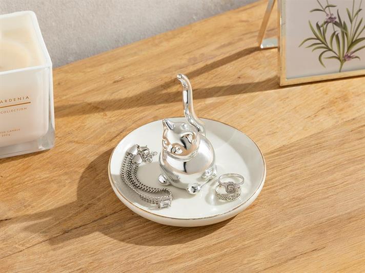 Suport pentru bijuterii, Hello Cat, gresie ceramica, 11,5x11,5x9,5 cm, argintiu