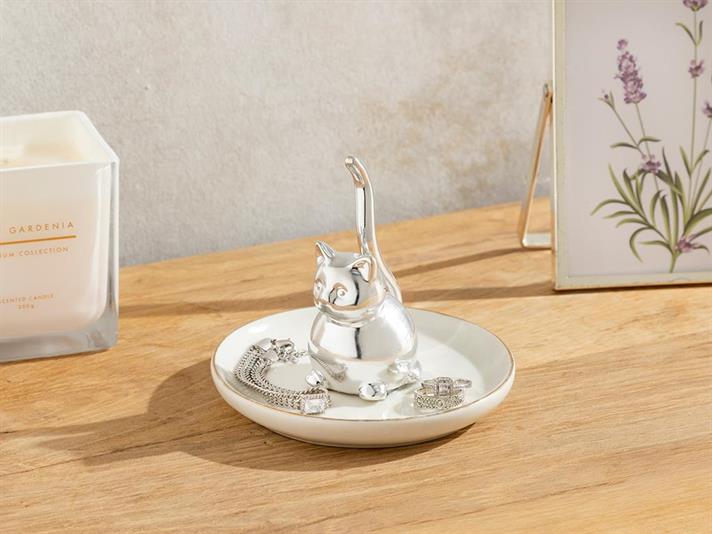 Suport pentru bijuterii, Hello Cat, gresie ceramica, 11,5x11,5x9,5 cm, argintiu