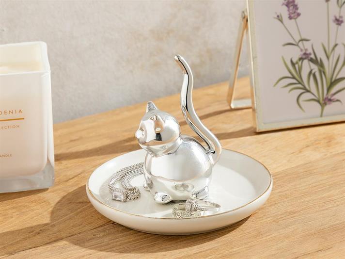 Suport pentru bijuterii, Hello Cat, gresie ceramica, 11,5x11,5x9,5 cm, argintiu