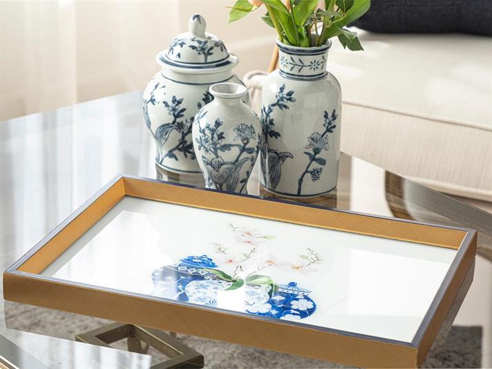 Bleu Blanc Glass Decorative Tray 31x46 cm Gold
