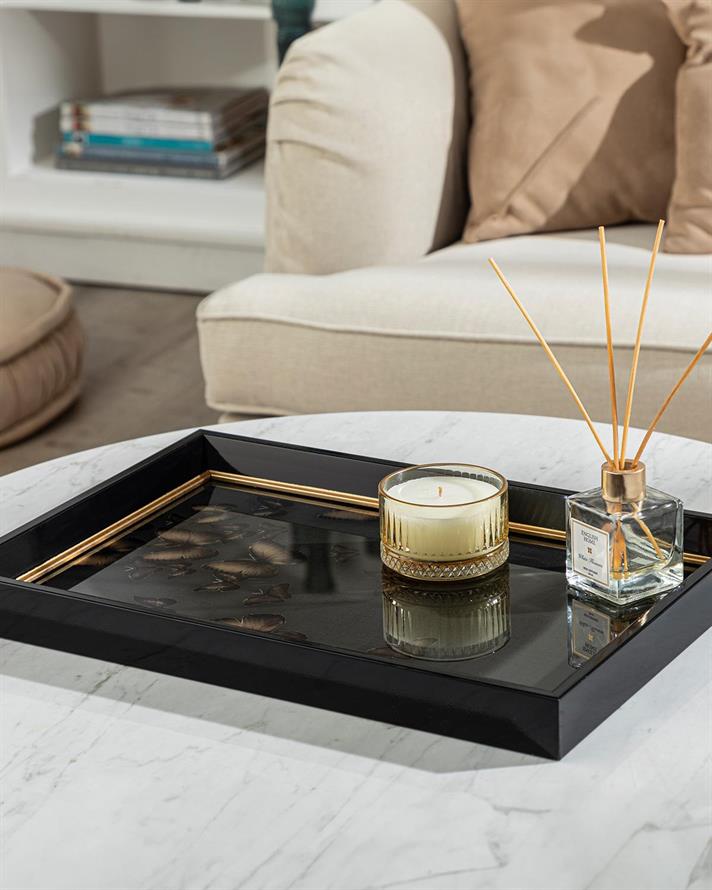 Tavă decorativă, Butterfly Goldie, plastic-mdf-rattan, 31x46 cm, negru-auriu